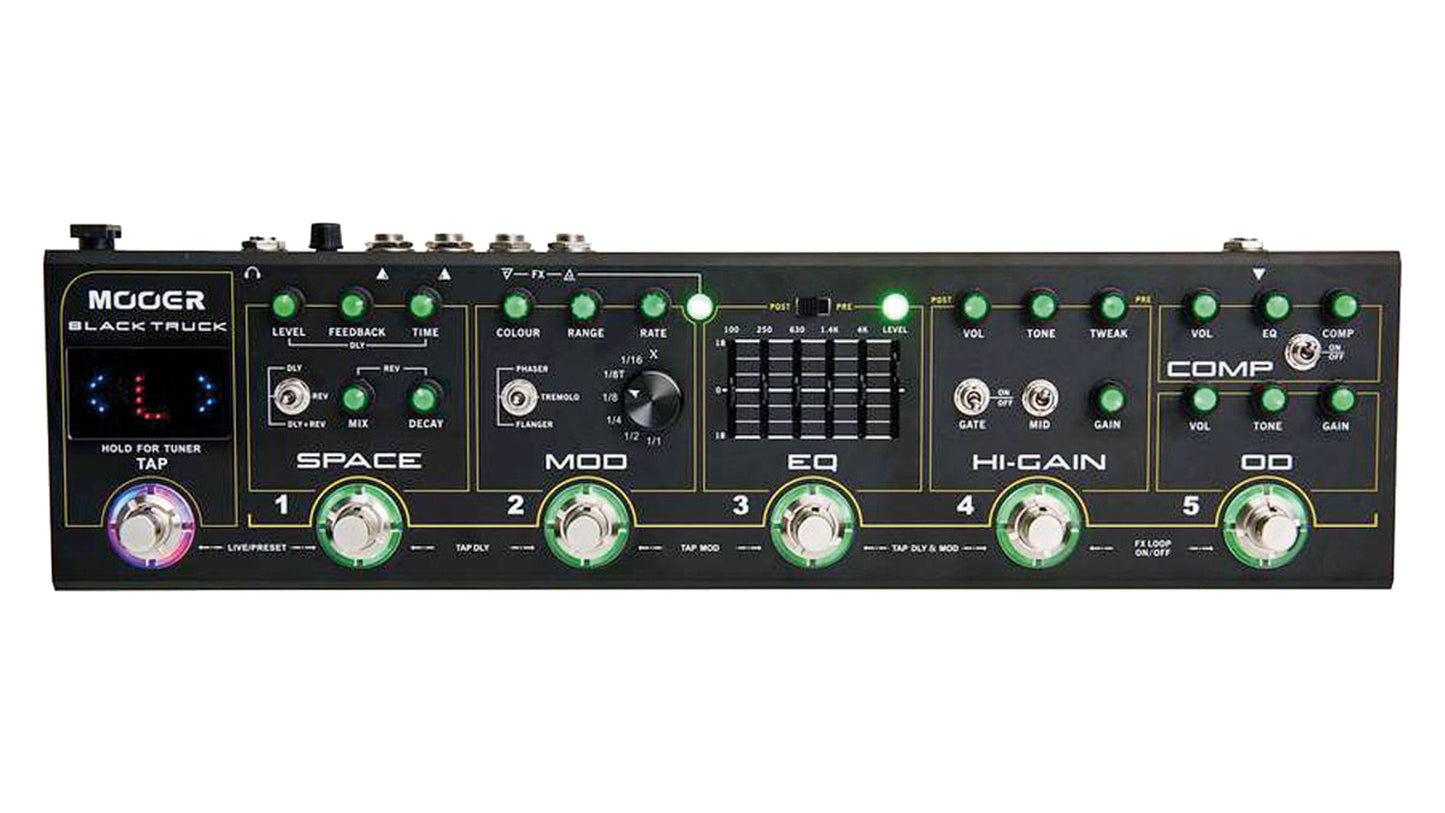 Pédalier BLACK TRUCK, 6 pédales d'effet (Compresseur, Overdrive, Distorsion, EQ, Modulation, Délai/Réverb), noir