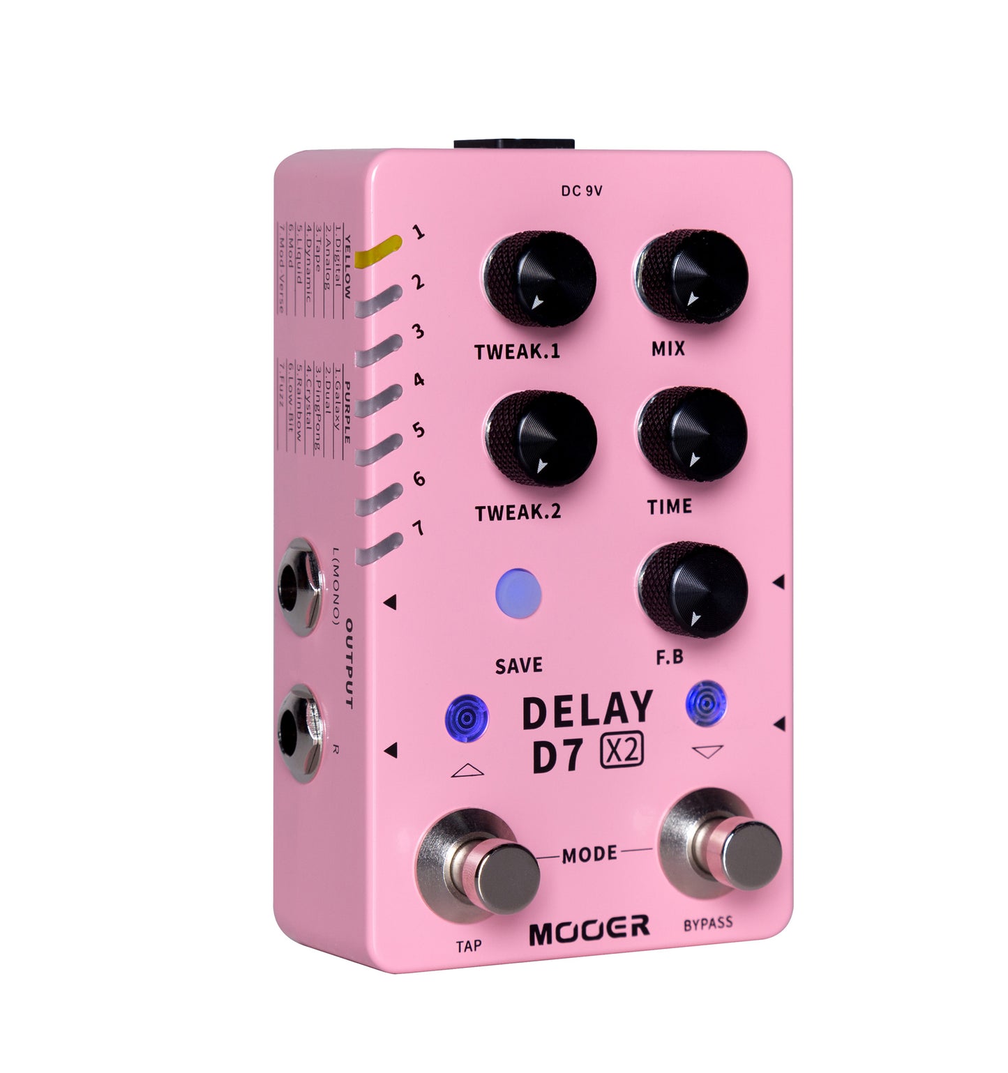 Pédale D7 DELAY X2, 14 types de délais personnalisables, 14 presets utilisateurs, boîtier métal, rose