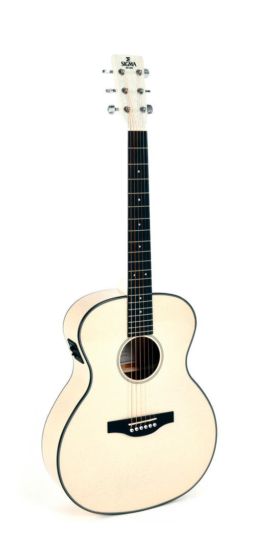 Modèle GM-1E, Grand OM, table épicéa massif, f/e acajou, touche micarta, EQ Fishman, blanc pailleté