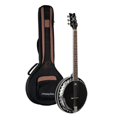 OBJE3506-SBK, banjo 6 cordes, EQ, 30 tirants, cercle aluminium, manche acajou, résonateur acajou, housse luxe, noir satiné
