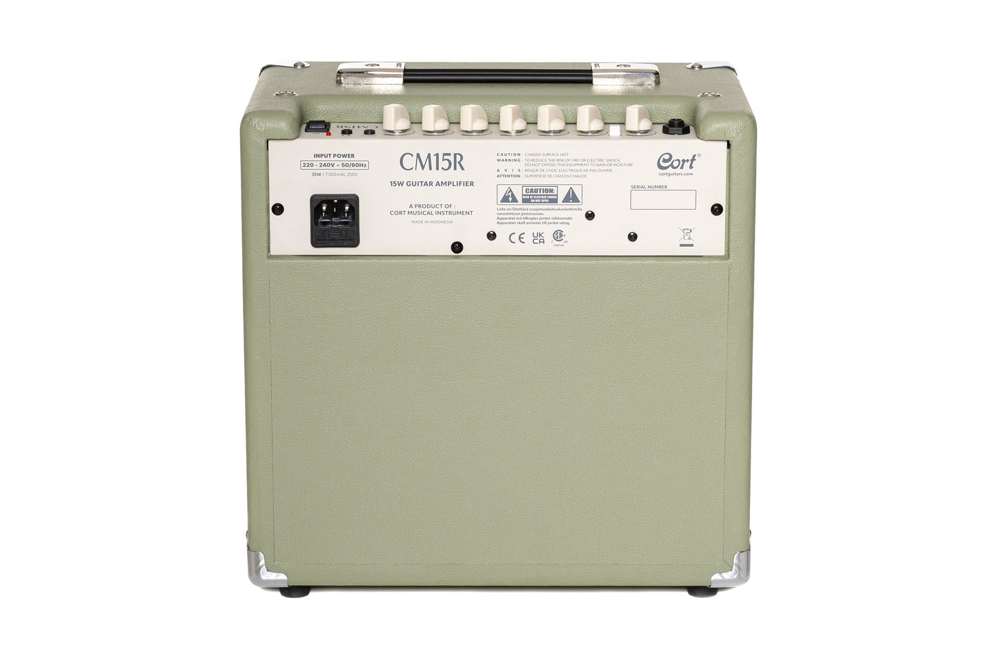 Ampli guitare 15W, 1 x 8", 2 canaux, égaliseur 3 bandes, réverb, entrée CD/MP3 mini-Jack, sortie casque mini-Jack, vert pale
