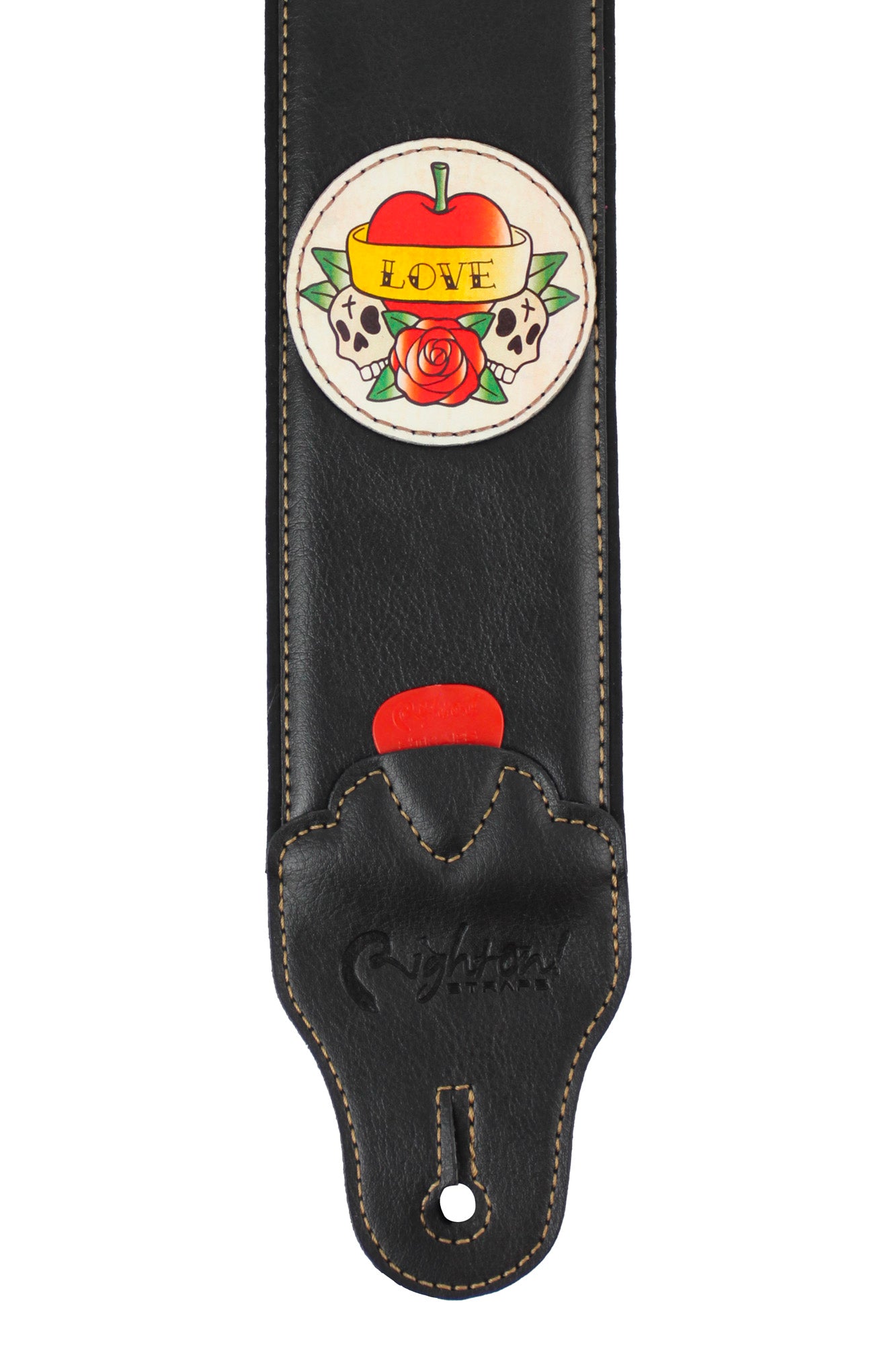 Courroie modèle TATOO LOVE, extérieur synthétique, largeur 7 cm, longueur 98 à 153 cm, porte-médiators intégré, noir