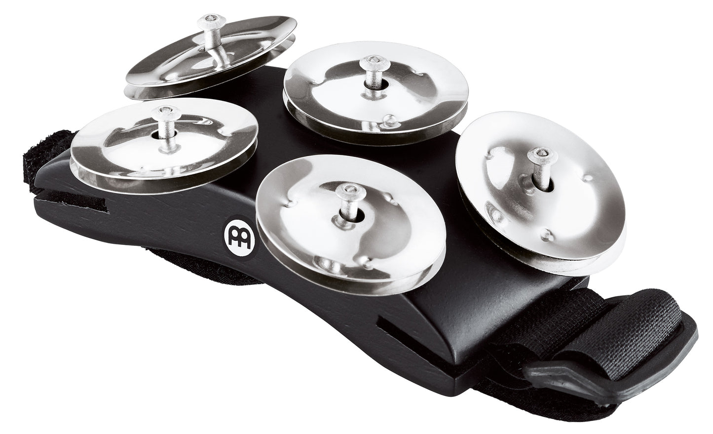 Tambourin pour pied, spécial cajon, corps synthétique, cymbalettes inox, ergonomique, lanière élastique, noir