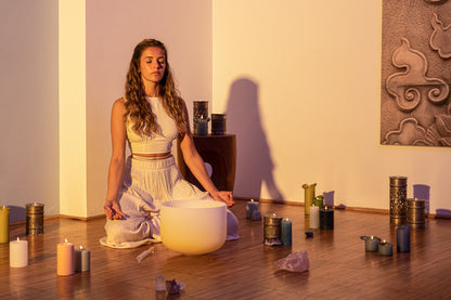 SINGING BOWL SONIC ENERGY CRISTAL 12" yellow, navel chakra, E4 329.63hz, quartz, couleur effet gelé