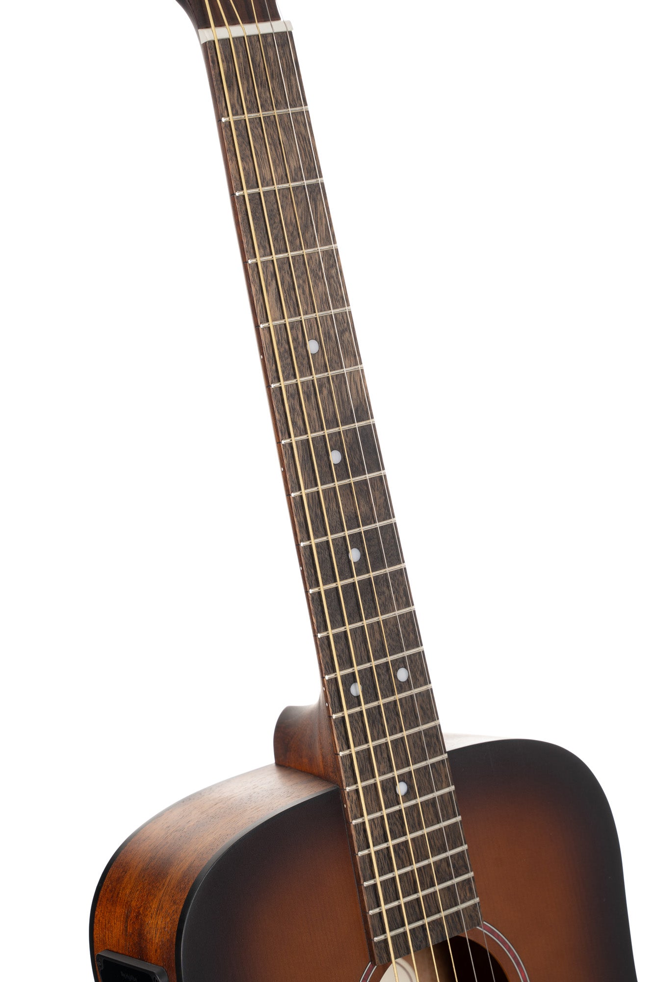 Earth Go, modèle Dreadnought 3/4, table épicéa massif, fond & éclisses acajou, HyVibe 2, housse, brown burst pores ouverts