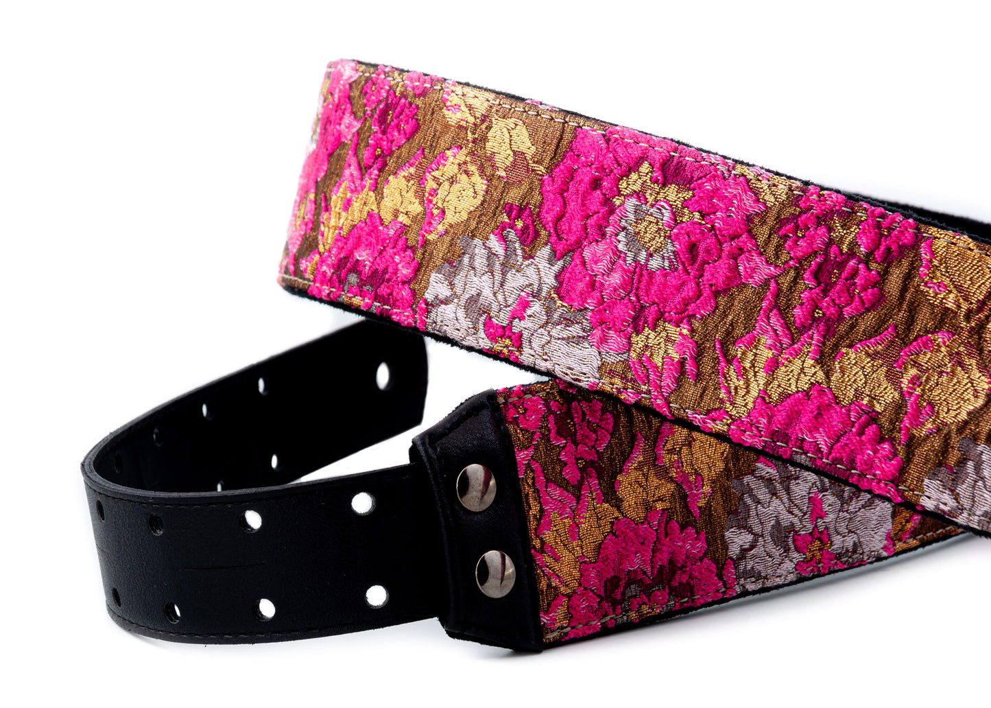 Courroie modèle GOLD & ROSES, extérieur synthétique et tissu, largeur 7 cm, longueur 95 à 150 cm, porte-médiators, rose