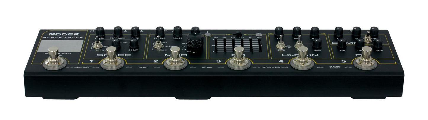 Pédalier BLACK TRUCK, 6 pédales d'effet (Compresseur, Overdrive, Distorsion, EQ, Modulation, Délai/Réverb), noir