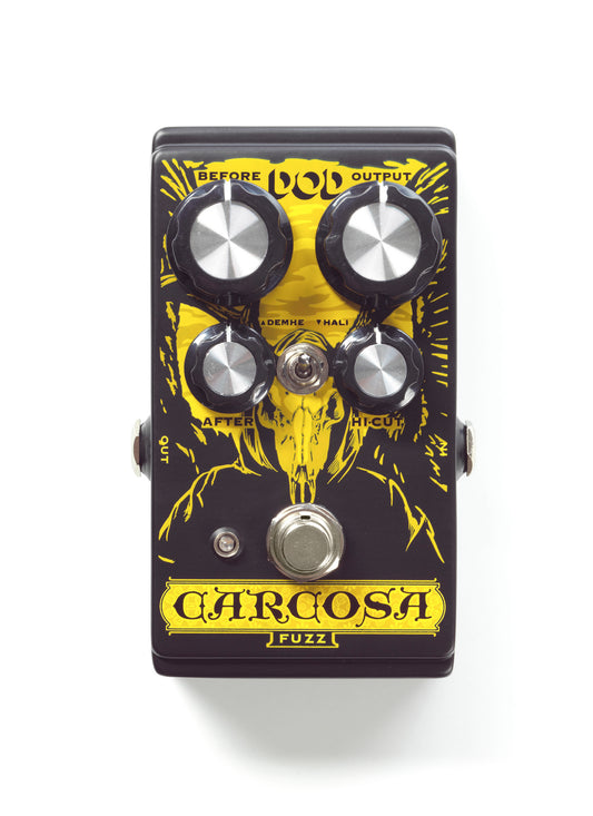 Pédale CARCOSA FUZZ, fuzz analogique, 2 modes (Demhe/Hali), True Bypass, noir et jaune