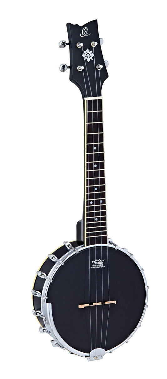 OUBJ100, ukulélé-banjo 4 cordes, 18 tirants, cercle érable, manche érable, résonateur érable, housse, noir satiné