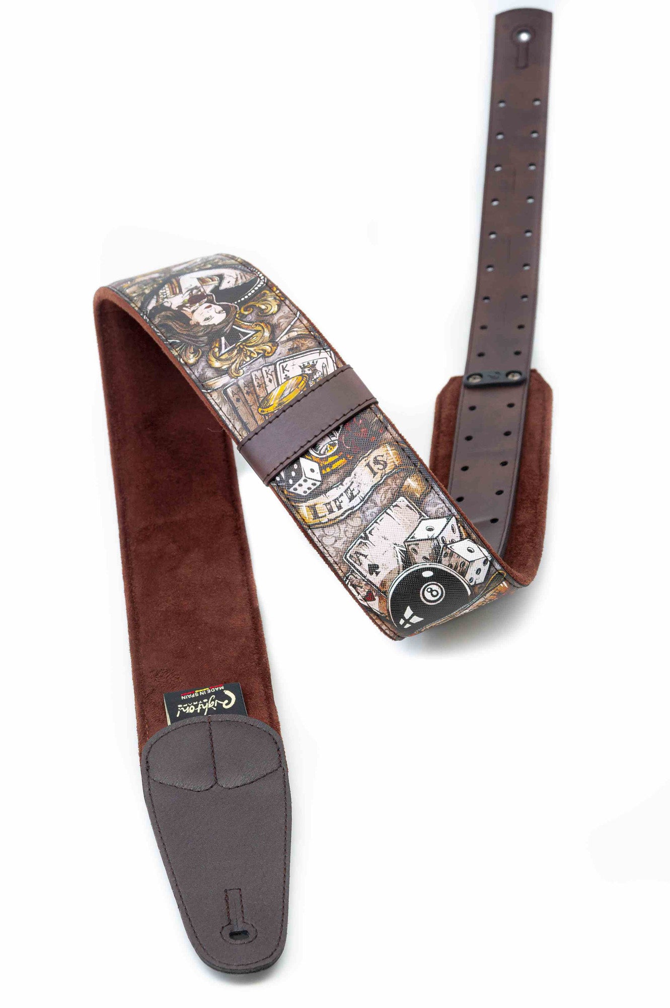 Courroie modèle LADY LUCK, extérieur tissu, largeur 6 cm, longueur 100 à 145 cm, porte-médiators intégré, brun