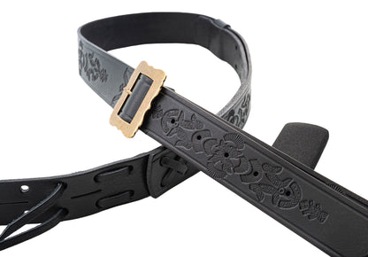 Courroie modèle LEGEND BM BOHEMIAN, cuir haute qualité, largeur 4 cm, longueur 96 à 145 cm, porte bottleneck intégré, noir