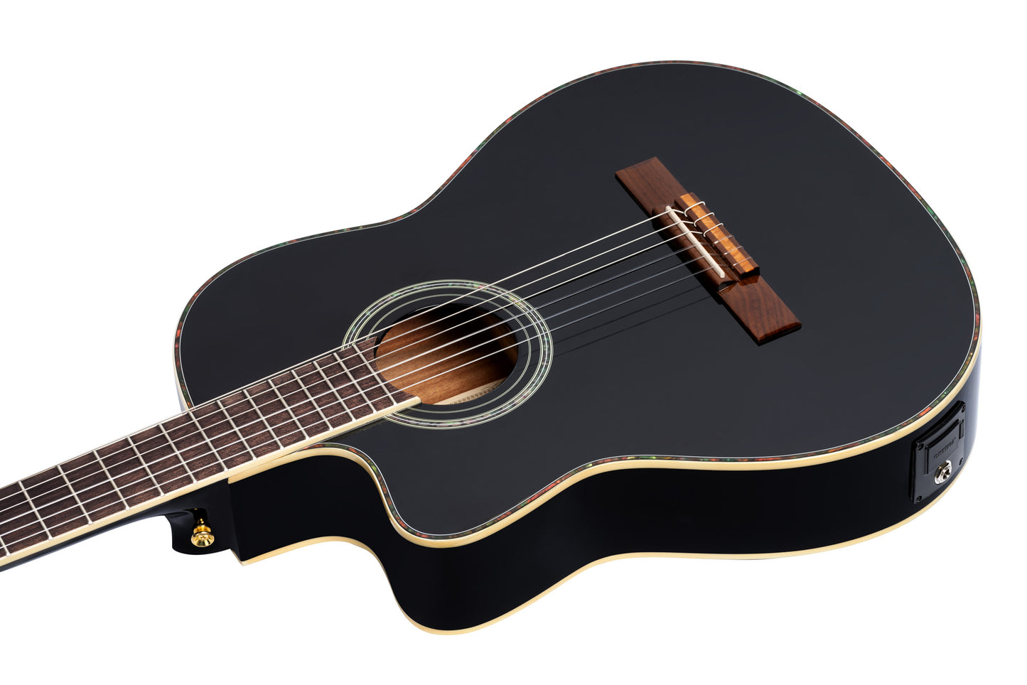 RCE145L, modèle gaucher à caisse fine, pan coupé, EQ MagusPro, table épicéa massif, manche acajou (sillet 48 mm), noir brillant