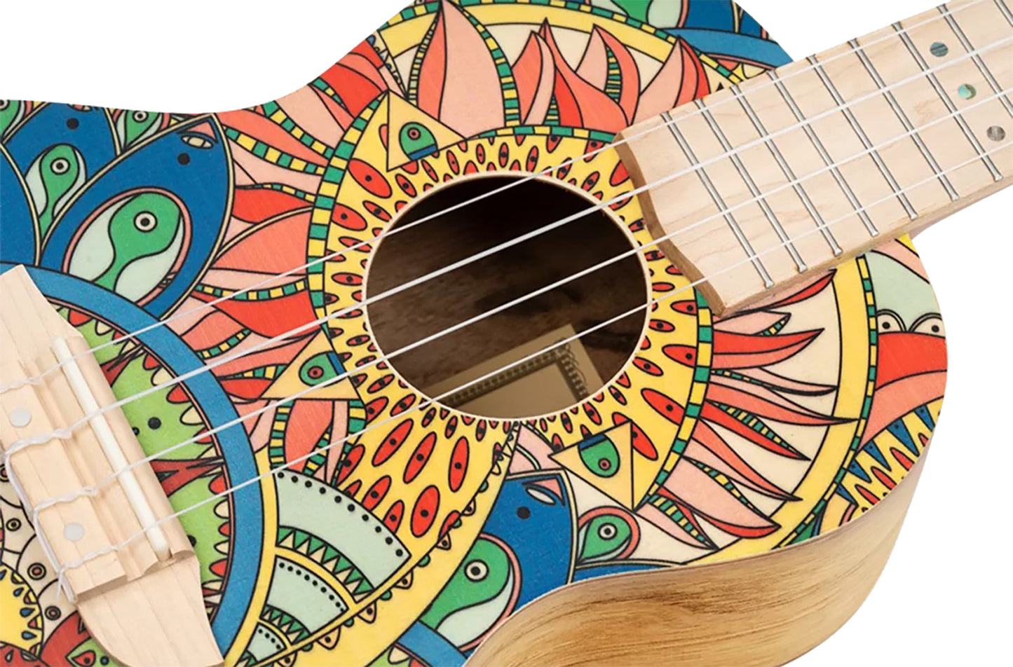 RUAR-MI, modèle Concert, table épicéa avec motif custom, fond & éclisses catalpa, manche nato, motif"Inde mystique" satiné