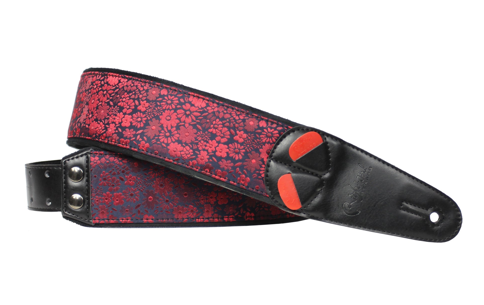 Courroie modèle DAISY, extérieur synthétique et tissu, largeur 6 cm, longueur 100 à 145 cm, porte-médiators intégré, rouge