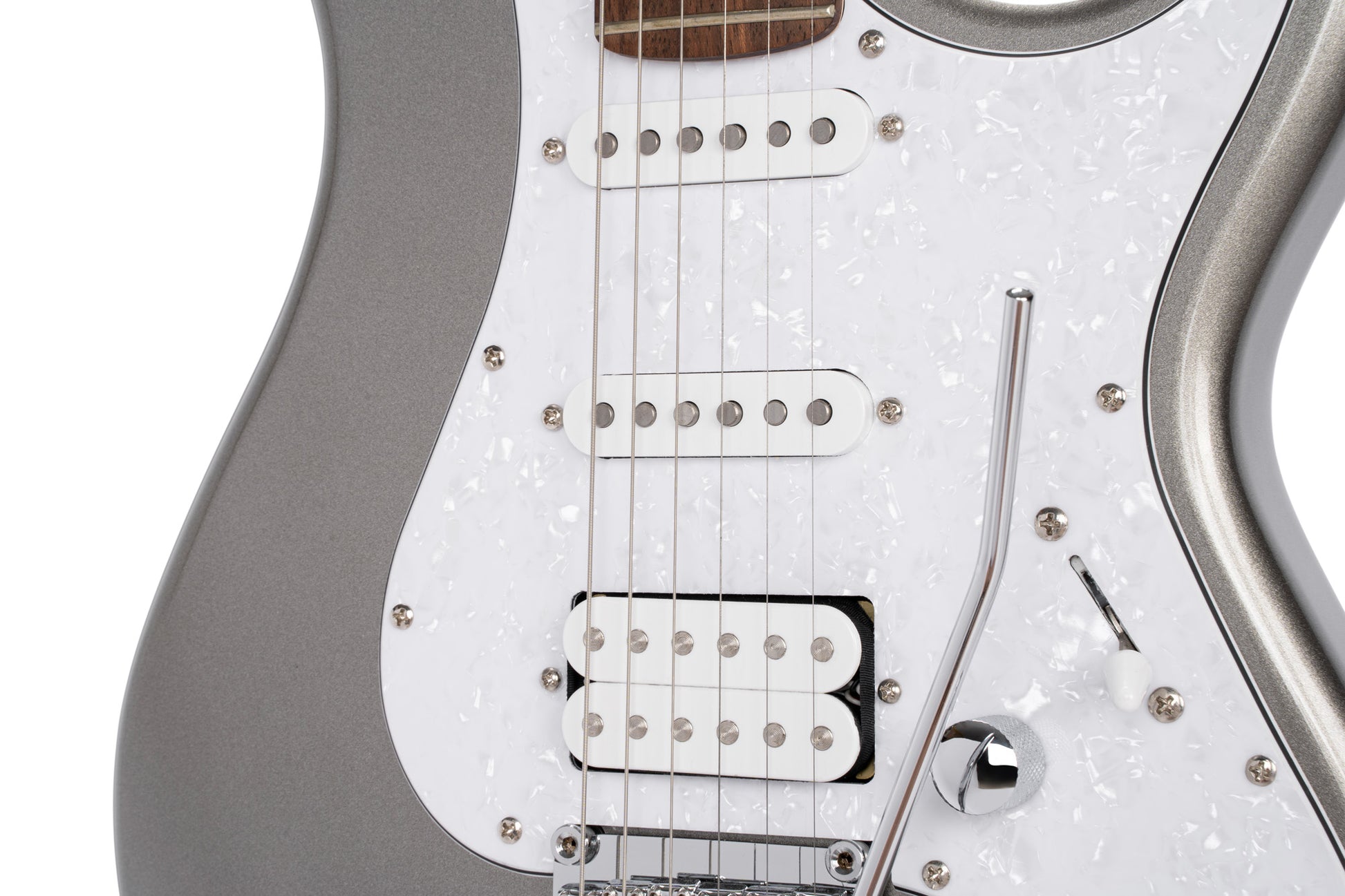 G250, corps tilleul, manche érable, touche jatoba, 1 micro double et 2 simples Cort Alnico V, trémolo, argent métallisé