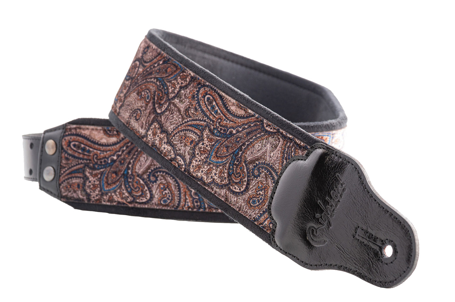 Courroie modèle J-PAISLEY, extérieur velours, largeur 7 cm, longueur 95 à 150 cm, porte-médiators intégré, brun