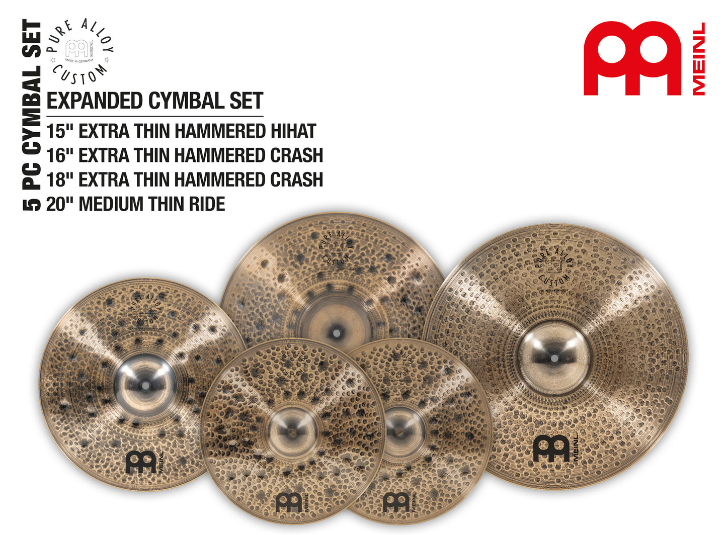 Pack de cymbales complet Meinl Pure Alloy 15"16"18"20" bronze Pure Alloy fini smoked-bronze, brilliant