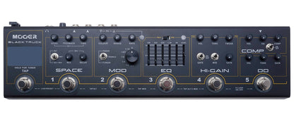 Pédalier BLACK TRUCK, 6 pédales d'effet (Compresseur, Overdrive, Distorsion, EQ, Modulation, Délai/Réverb), noir