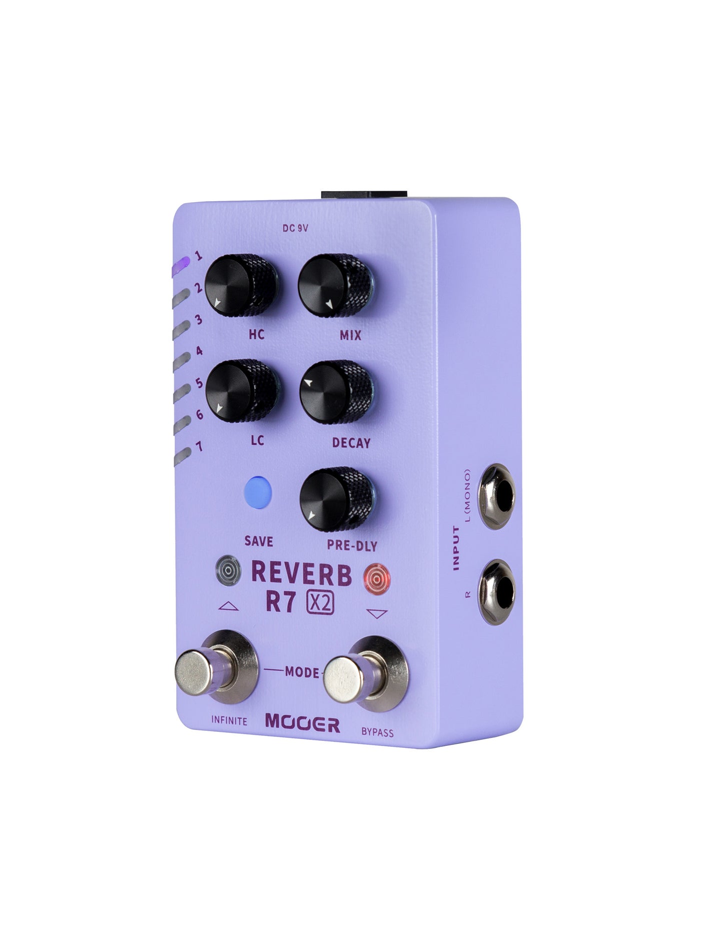 Pédale R7 REVERB X2, 14 types de réverbs numériques personnalisables, 14 presets utilisateurs, boîtier métal, violet