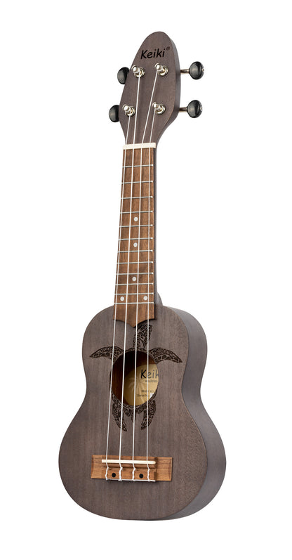 K1-CO, ukulélé Sopranino, table okoumé avec motif tortue, fond & éclisses okoumé, manche okoumé, charbon pores ouverts
