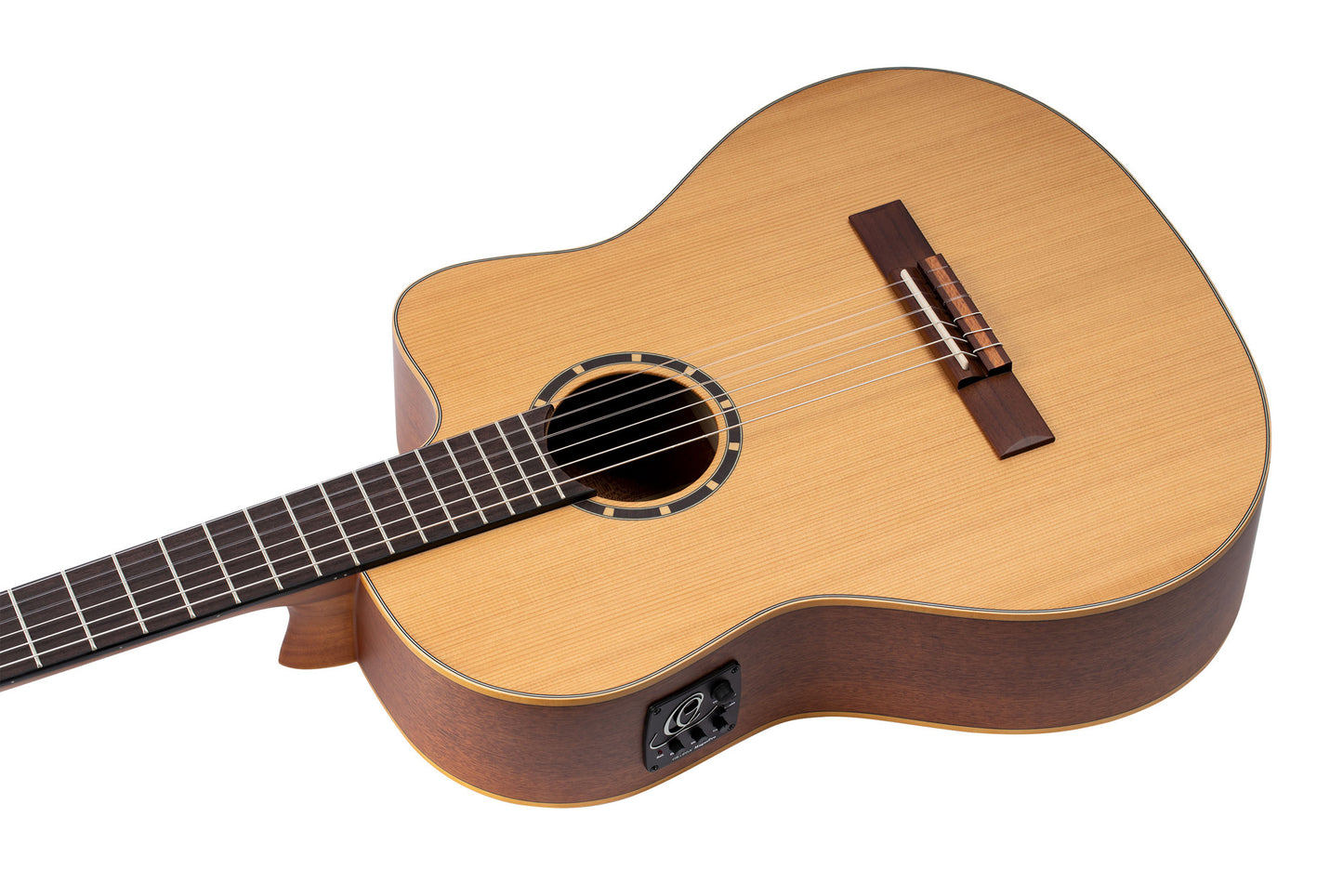 RCE131SN, modèle Slim Neck, pan coupé, EQ MagusPro, table cèdre rouge massif, manche acajou (sillet 48 mm), housse, naturel