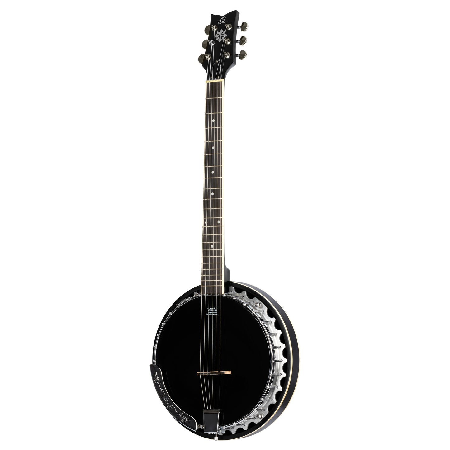 OBJ3506, banjo 6 cordes, 30 tirants, cercle aluminium, manche acajou, résonateur acajou, housse, noir satiné