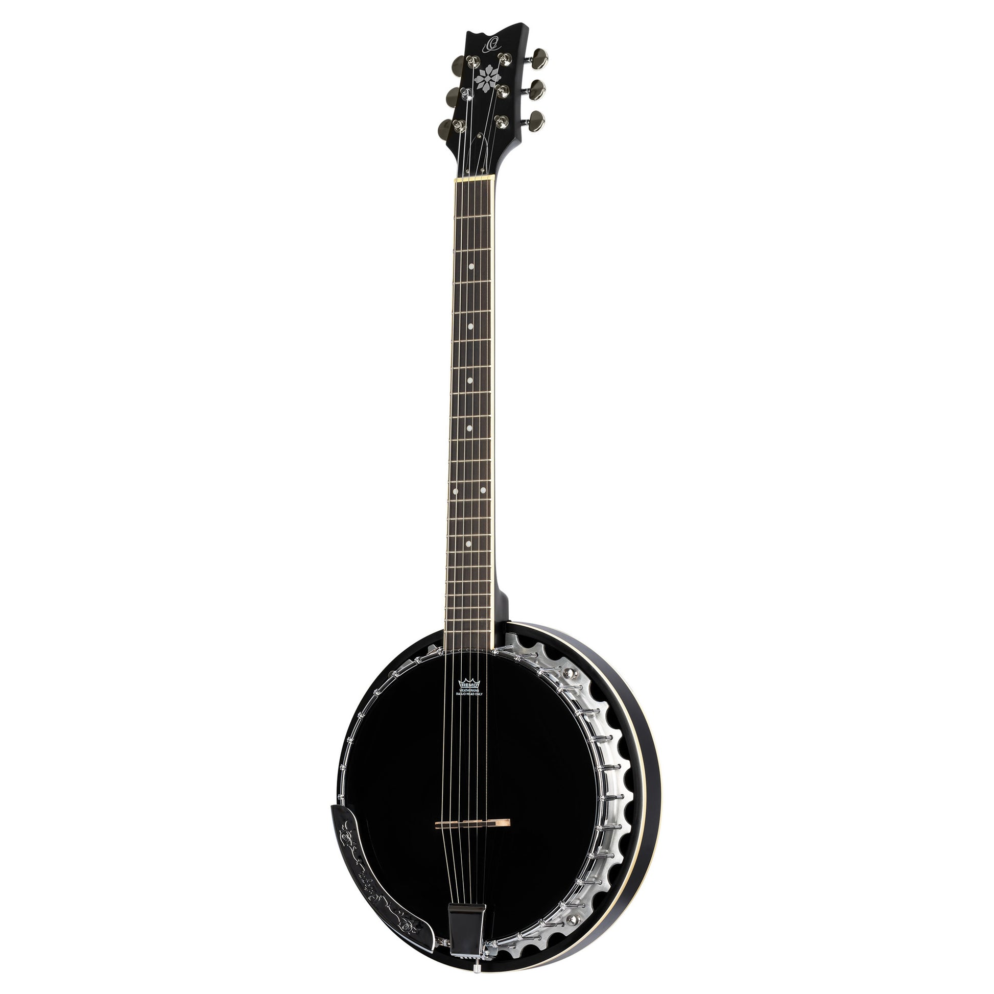 OBJ3506, banjo 6 cordes, 30 tirants, cercle aluminium, manche acajou, résonateur acajou, housse, noir satiné