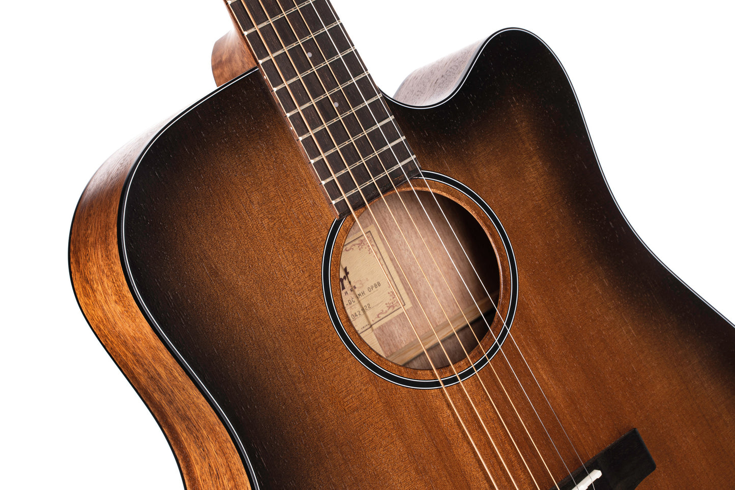 CORE-DC, forme Dreadnought, table acajou massif, f/e acajou massif, EQ Fishman Sonitone, soft case, noir dégradé pores ouverts