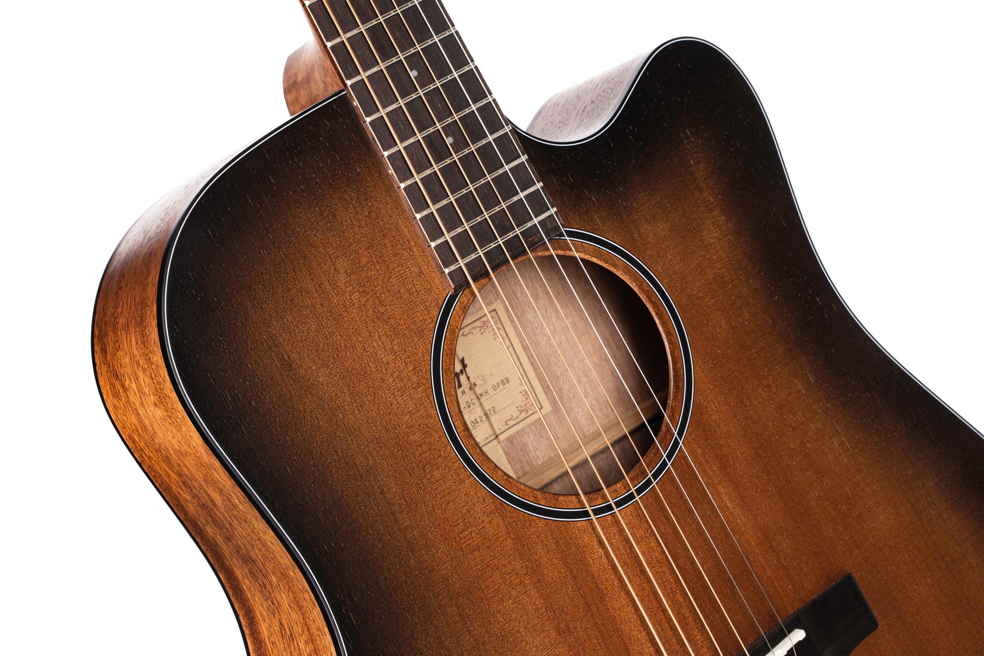 CORE-DC, forme Dreadnought, table acajou massif, f/e acajou massif, EQ Fishman Sonitone, soft case, noir dégradé pores ouverts