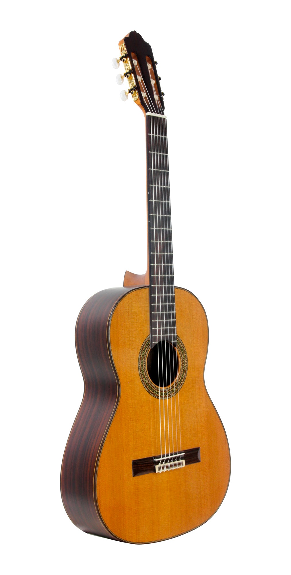 MOD.7, table cèdre massif, fond & éclisses palissandre, touche palissandre, satiné, table brillante