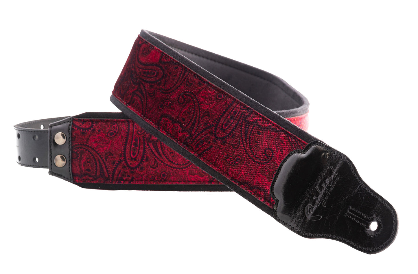 Courroie modèle J-PAISLEY, extérieur velours, largeur 7 cm, longueur 95 à 150 cm, porte-médiators intégré, rouge