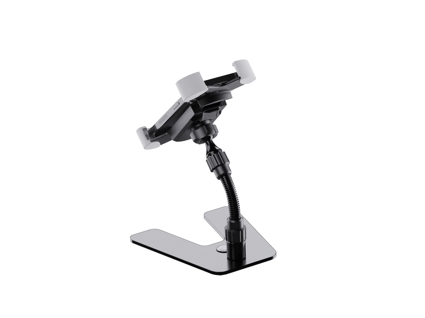 Support tablette de table design, acier et plastique, bras de maintien flexible, noir.