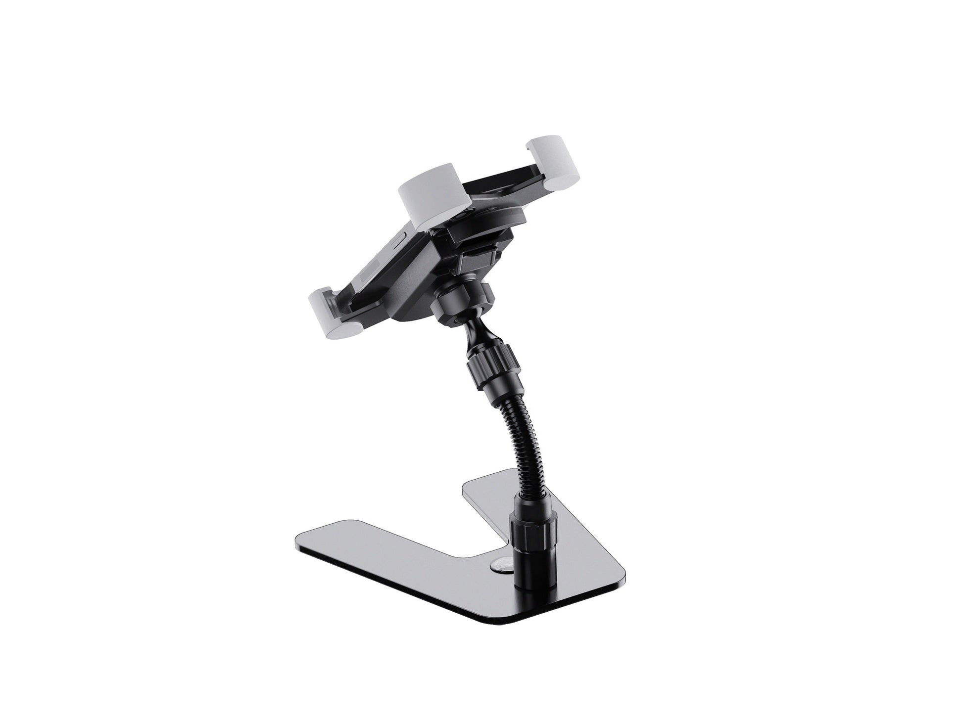 Support tablette de table design, acier et plastique, bras de maintien flexible, noir.