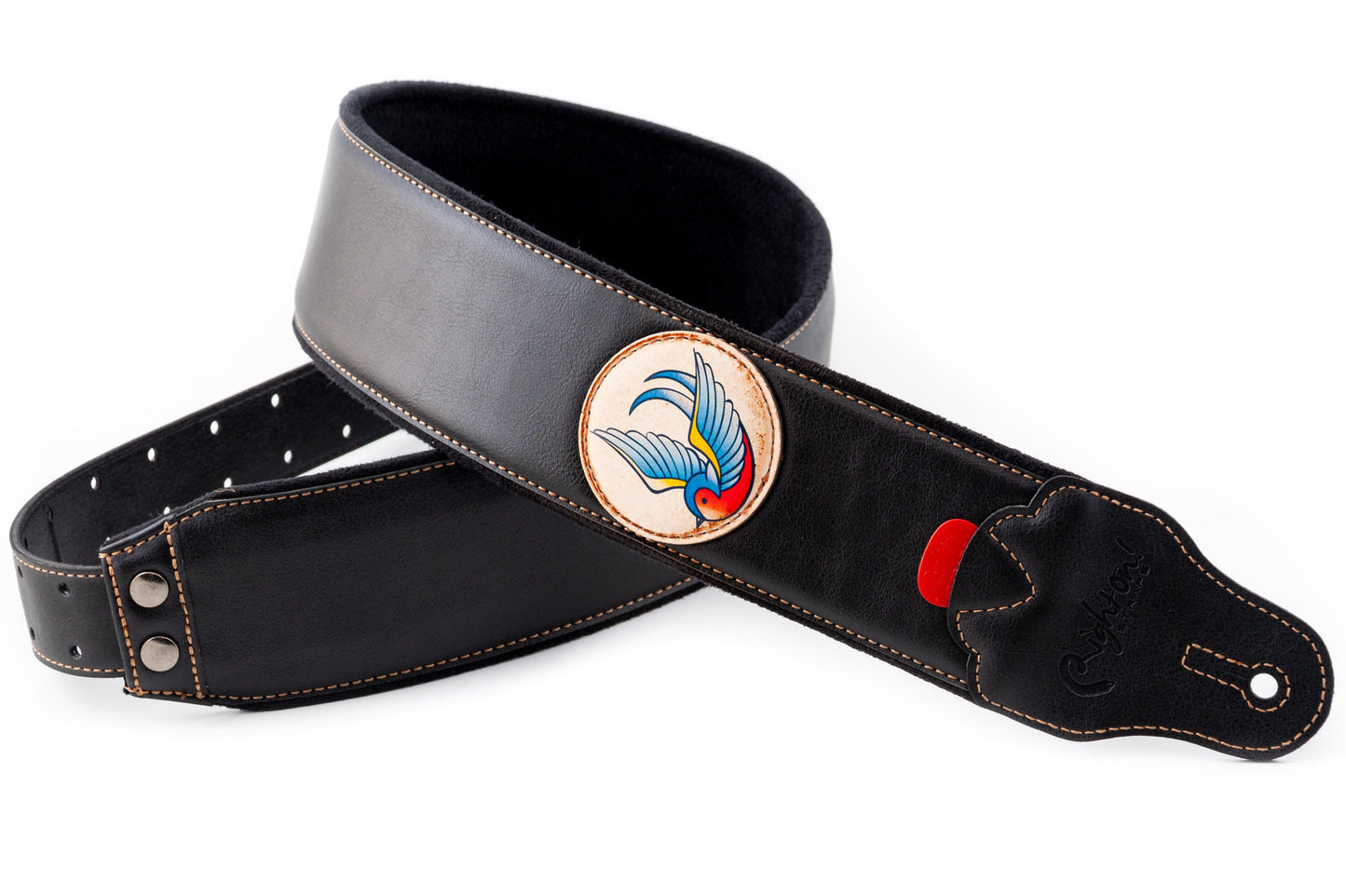 Courroie modèle TATOO SWALLOW, extérieur synthétique, largeur 7 cm, longueur 98 à 153 cm, porte-médiators intégré, noir