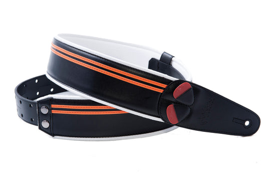 Courroie modèle RACE, extérieur synthétique, largeur 6 cm, longueur 100 à 145 cm, porte-médiators intégré, noir et orange