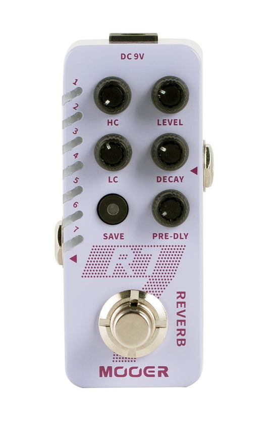 Pédale R7 REVERB, 7 types de réverbs numériques personnalisables, 7 presets utilisateurs, boîtier métal, blanc