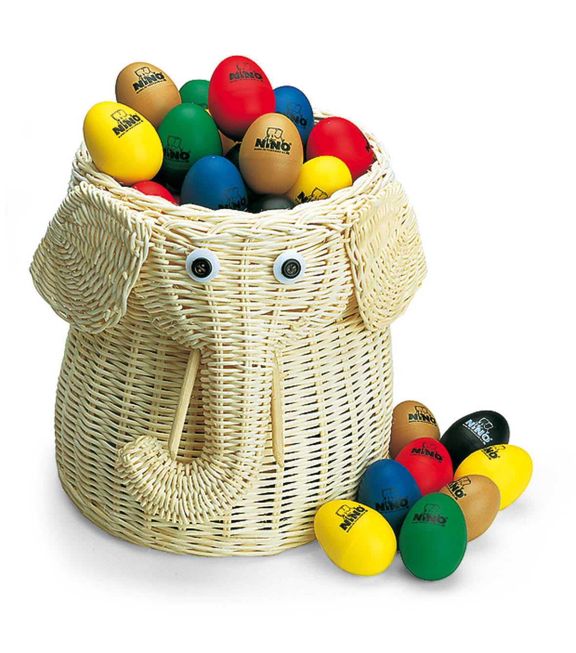 Assortiment 80 oeufs shakers (25 noirs, 10 verts, 15 bleus, rouges et jaunes), panier osier en forme d'éléphant.