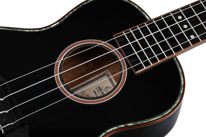 RUOX-CC, modèle Concert, table épicéa, fond & éclisses acajou, manche acajou, housse luxe, noir brillant