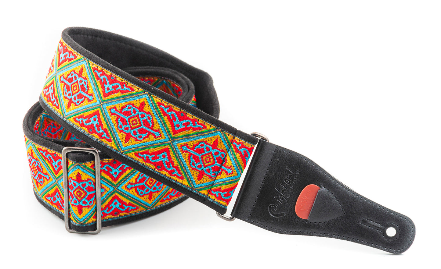 Courroie modèle HAFA, tissu Jacquard, largeur 6 cm, longueur 90 à 150 cm, porte-médiators intégré, rouge