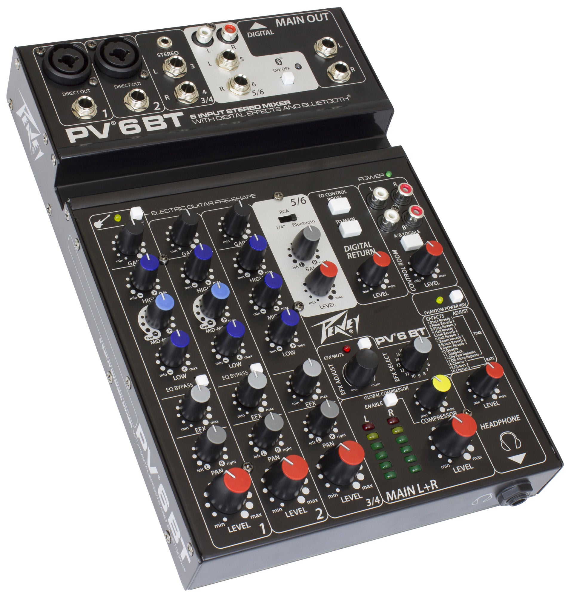 Table de mixage 6 canaux, 2 préamplis micro XLR/Jack, EQ 3 bandes, Bluetooth, effets numériques, entrée guitare Hi-Z, noir