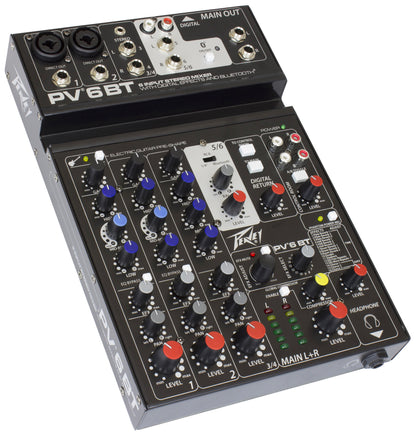 Table de mixage 6 canaux, 2 préamplis micro XLR/Jack, EQ 3 bandes, Bluetooth, effets numériques, entrée guitare Hi-Z, noir