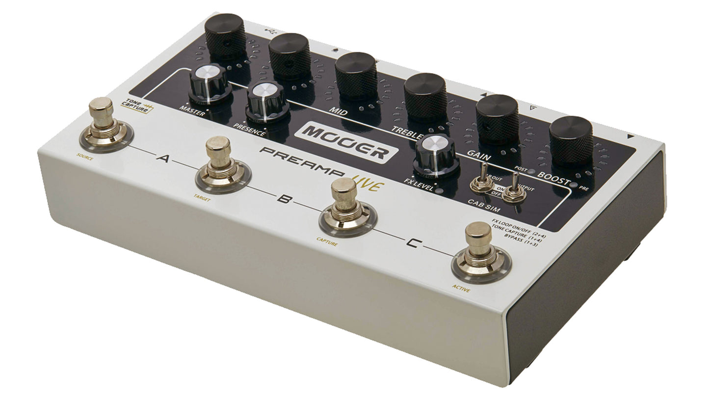 Pédalier préampli numérique PREAMP LIVE, 12 canaux préamplis indépendants (3 banques), 50 modèles d'amplificateur, blanc