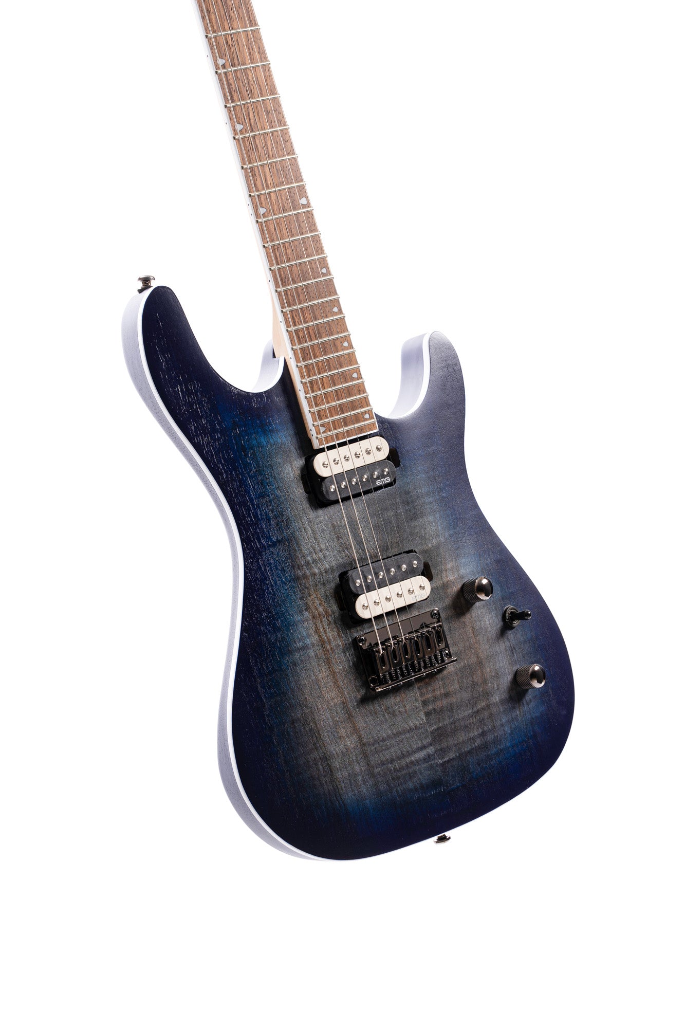 KX300, corps acajou, table érable figuré, manche vissé érable, touche jatoba, micros EMG RetroActive, cobalt burst pores ouverts