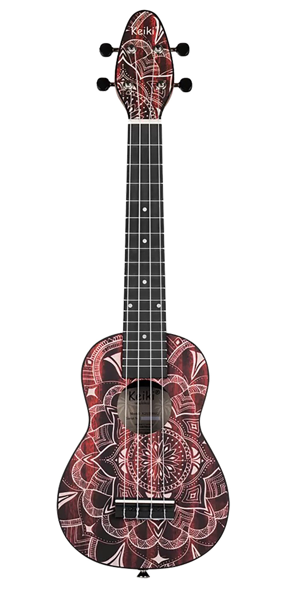 K2SS-RKC, pack ukulélé Soprano Superscale, table agathis design kaléidoscope, corps ABS galbé, accessoires, rouge satiné