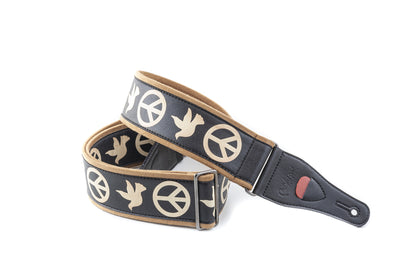 Courroie modèle LEGEND PEACE&DOVES, synthétique, largeur 6 cm, longueur 90 à 150 cm, porte-médiators intégré, noir