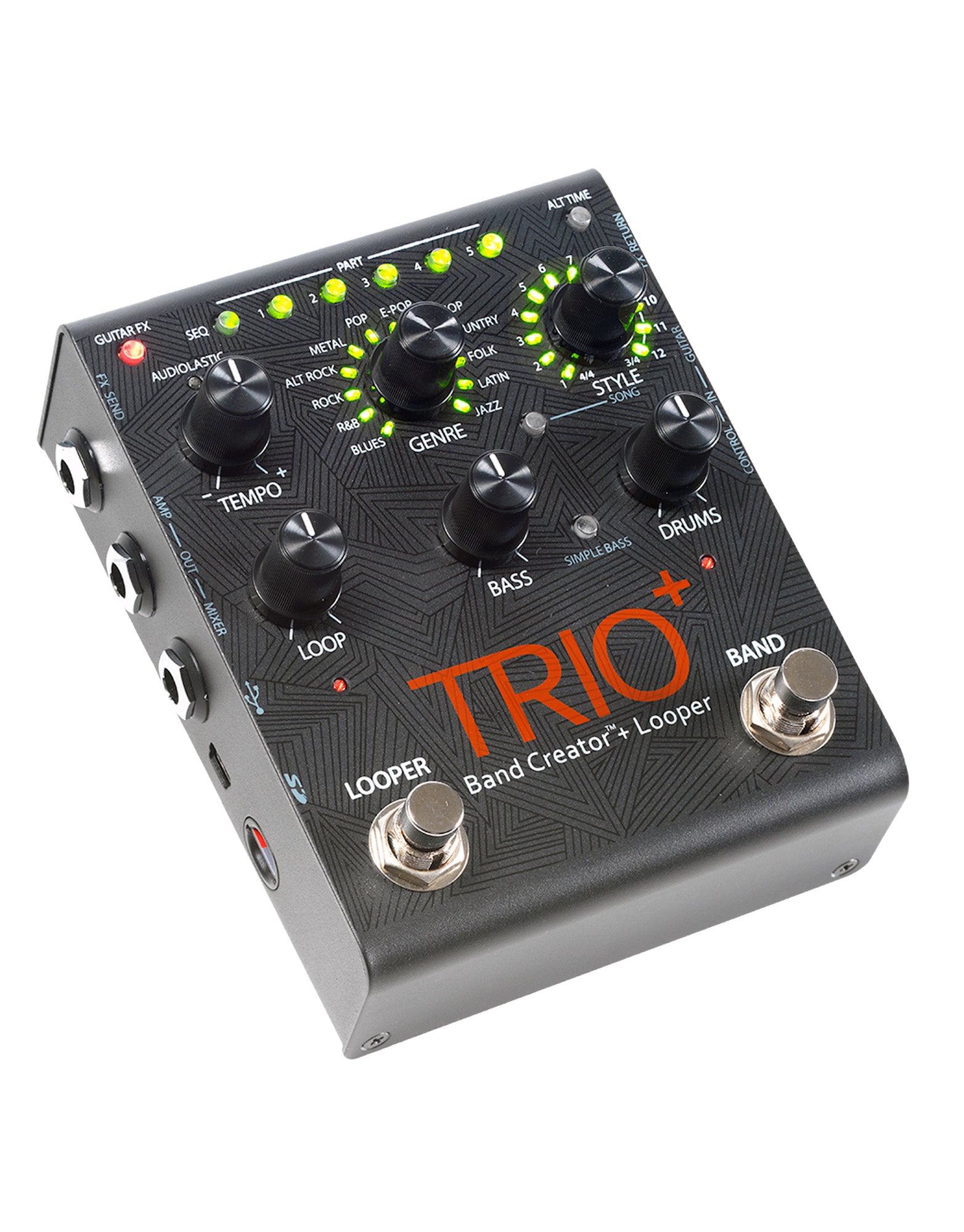 Pédale TRIO PLUS, Band Creator et looper, 12 genres musicaux avec 12 styles sélectionnables, avec carte SD et alimentation, noir