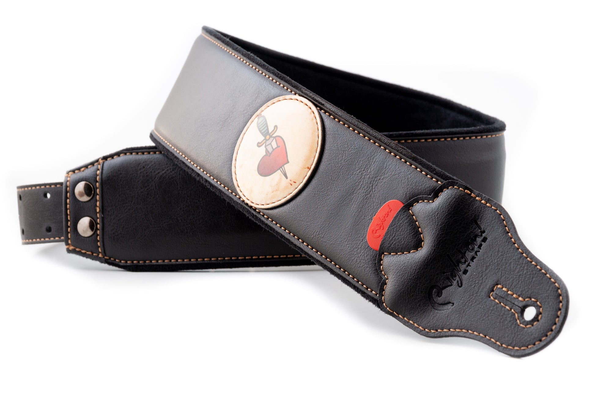 Courroie modèle TATOO HEART, extérieur synthétique, largeur 7 cm, longueur 98 à 153 cm, porte-médiators intégré, noir