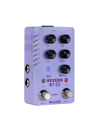Pédale R7 REVERB X2, 14 types de réverbs numériques personnalisables, 14 presets utilisateurs, boîtier métal, violet