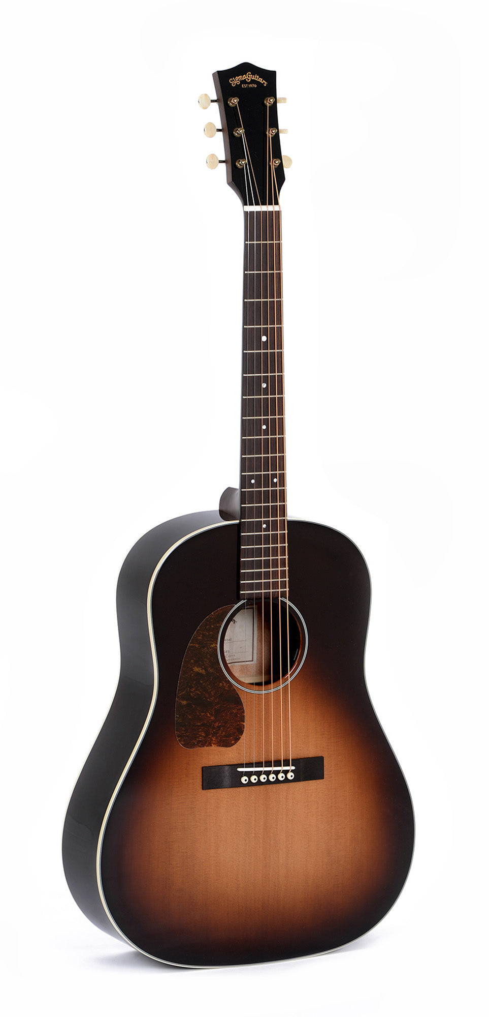 Modèle JM-SG45L, Dreadnought Slope Shoulder, table épicéa massif, f/e acajou, EQ Fishman, soft case, sunburst brillant, gaucher