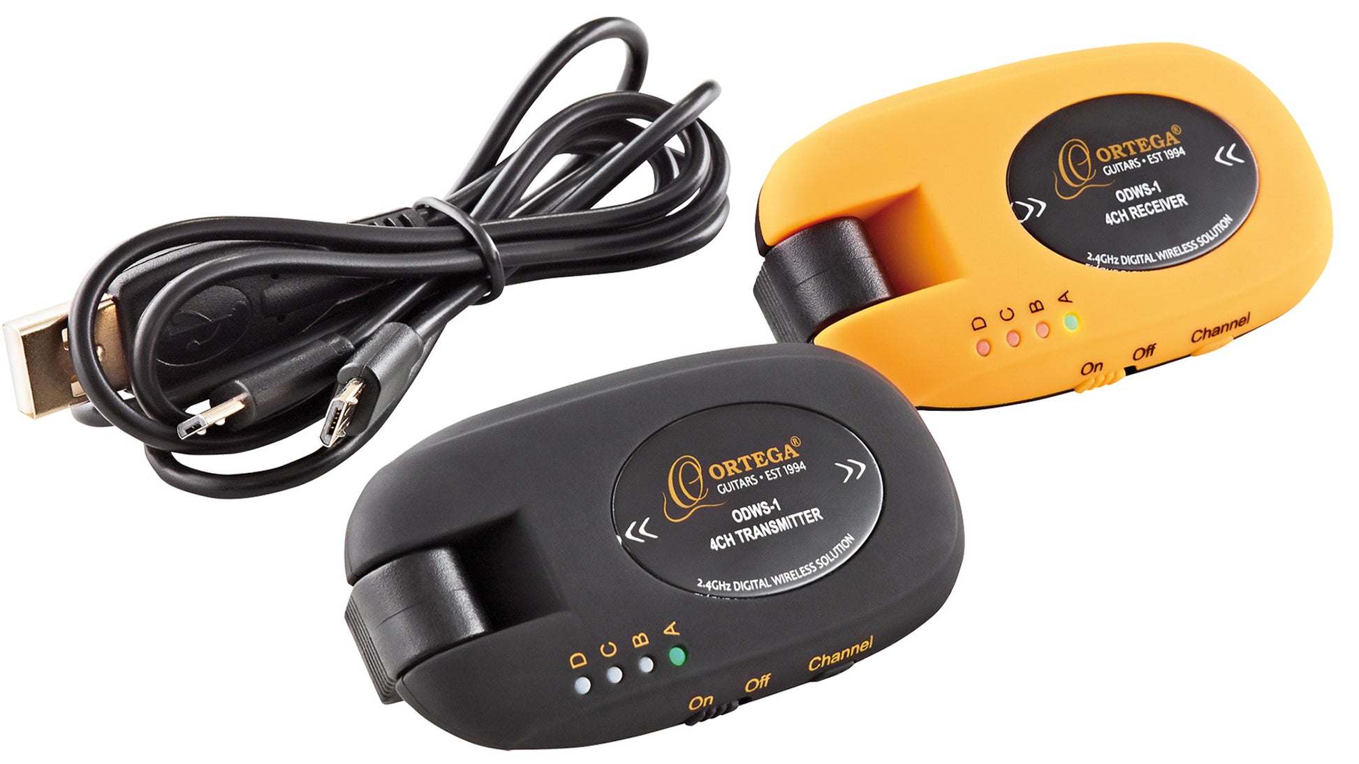 Système sans-fil pour guitare 4 canaux, émetteur et récepteur rechargeables, bande de fréquence 2.4 GHz, noir et jaune